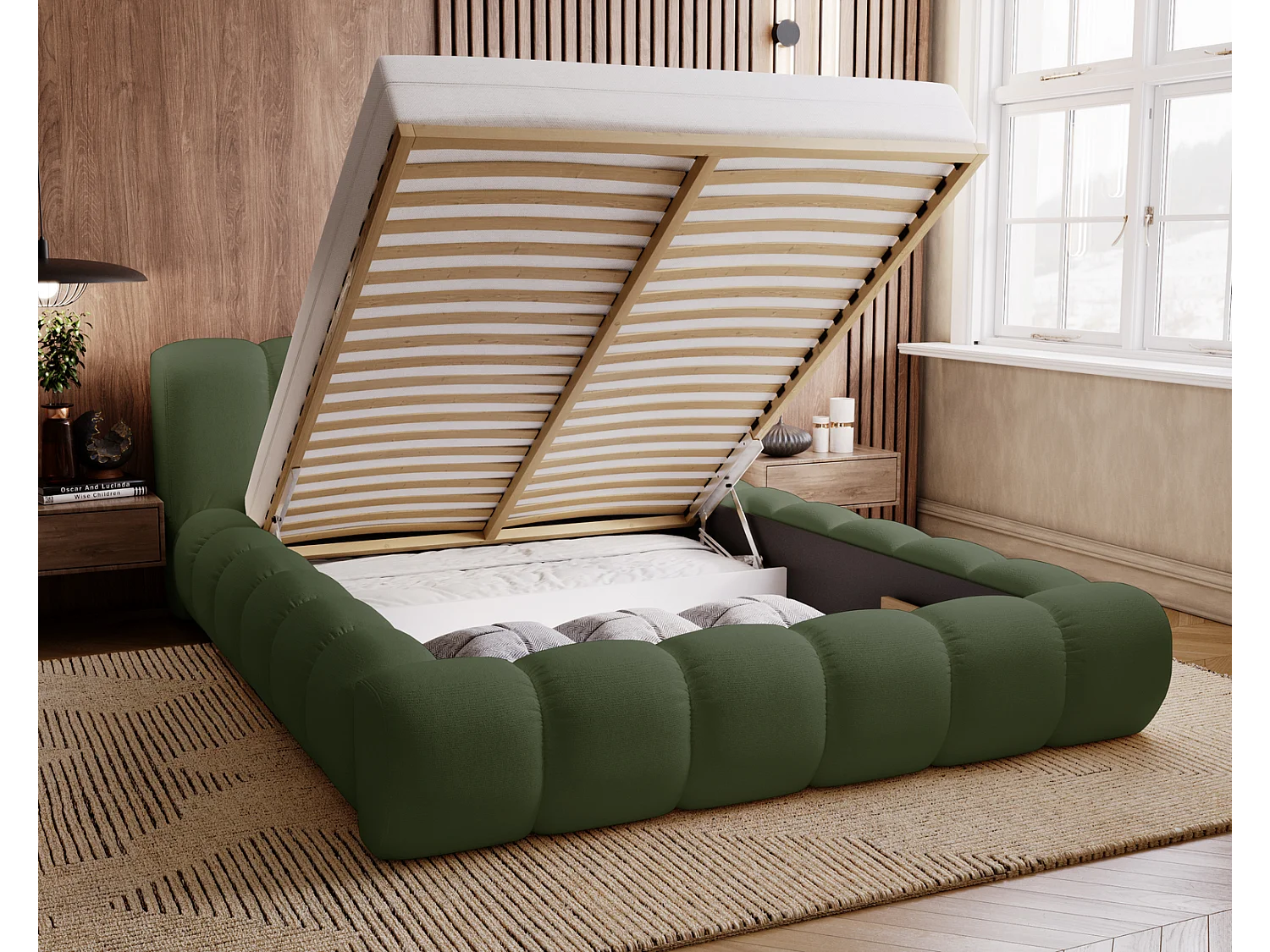 Emporius Cloud bed 160x200 met bedlade - gestoffeerd bed met opbergruimte, fluwelen Groen (Komodo 61)