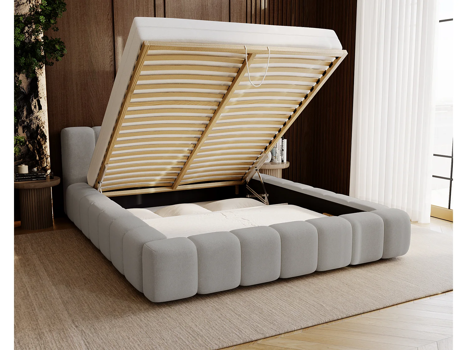 Emporius Bolonia lit adulte 160x200 cm - lit double 160x200 avec rangement, sommier à lattes - Gris clair (Komodo 20)