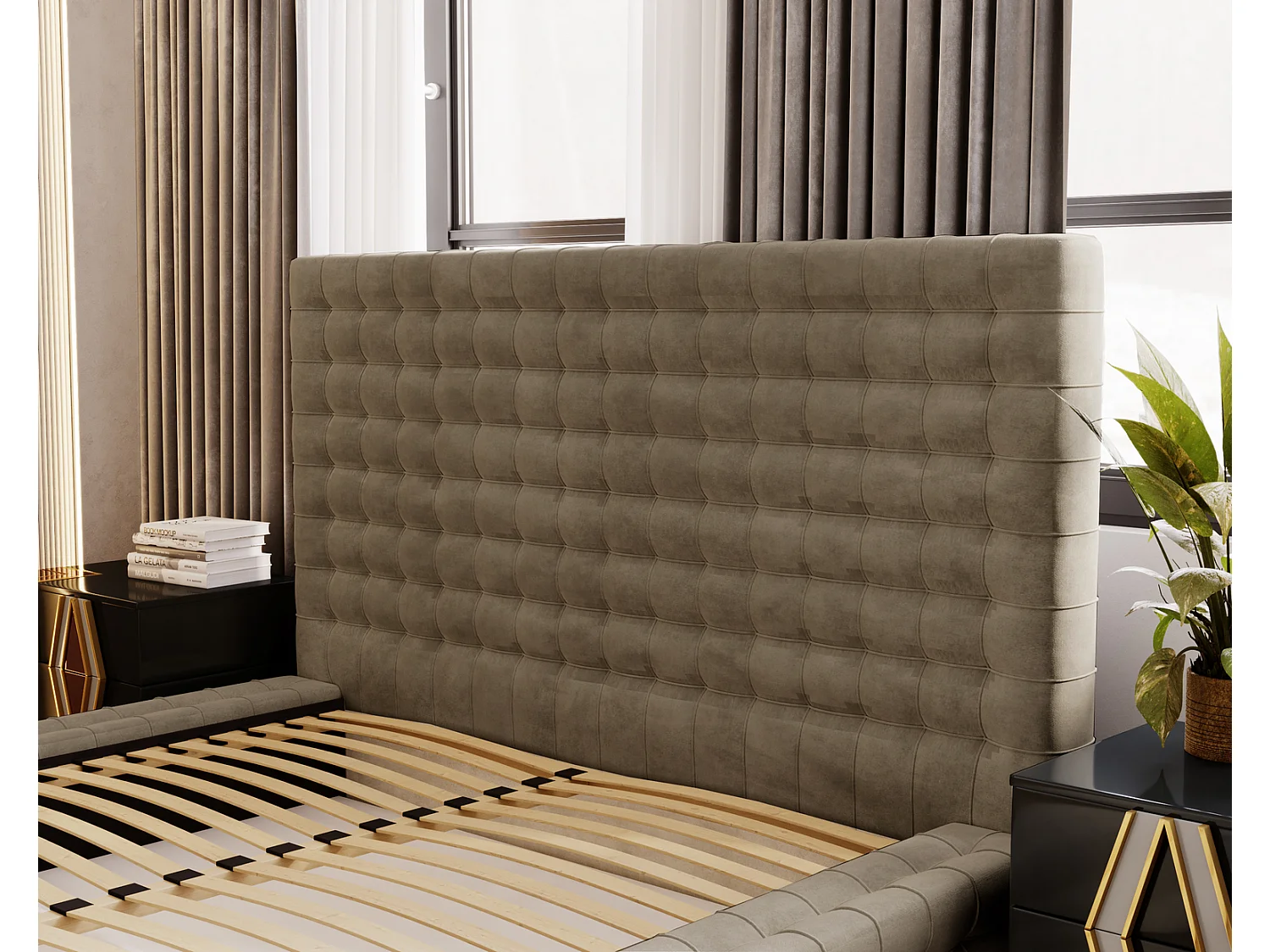 Emporius Arno lit capitonné 180x200 - lit avec rangement, sommier à lattes, lit adulte 180x200 velours Brun (Elegance 5)