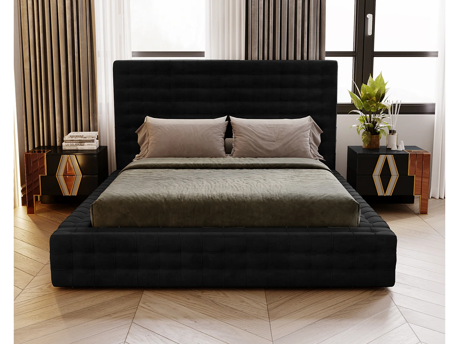 Emporius Arno lit capitonné 180x200 - lit avec rangement, sommier à lattes, lit adulte 180x200 velours Noir (Elegance 21)