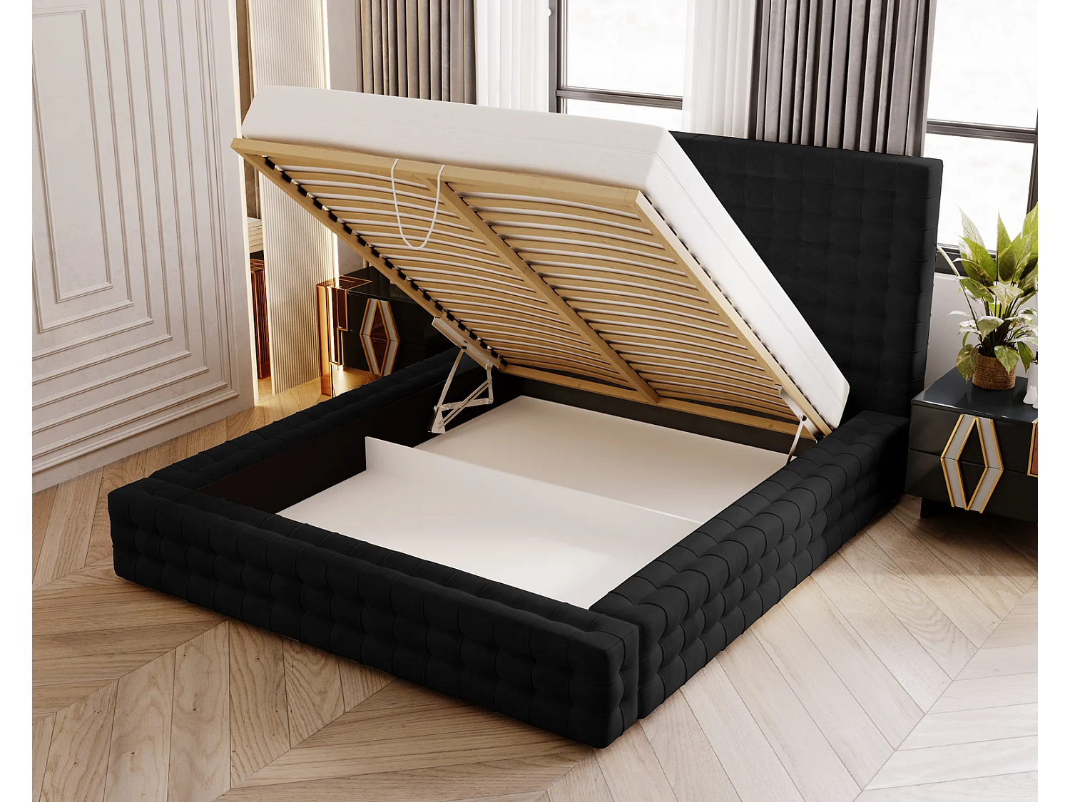 Emporius Arno gestoffeerd bed 180 x 200 cm - bed met opbergruimte en bedlade, fluwelen - bed 180x200 Zwart (Elegance 21)