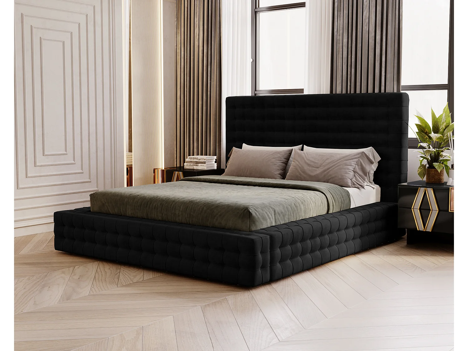 Emporius Arno lit capitonné 180x200 - lit avec rangement, sommier à lattes, lit adulte 180x200 velours Noir (Elegance 21)