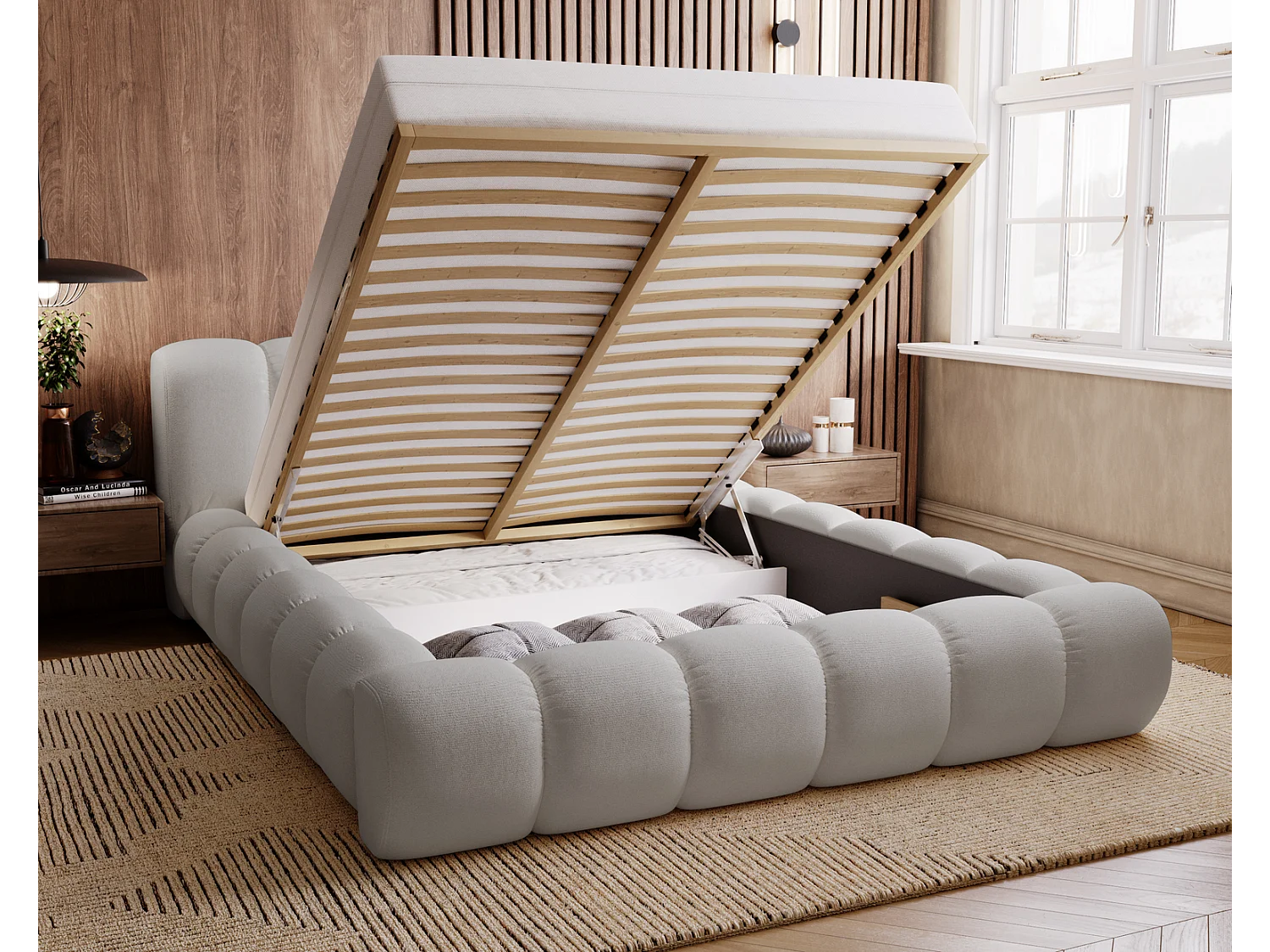 Emporius Cloud bed 160x200 met bedlade - gestoffeerd bed met opbergruimte, fluwelen Lichtgrijs (Komodo 20)