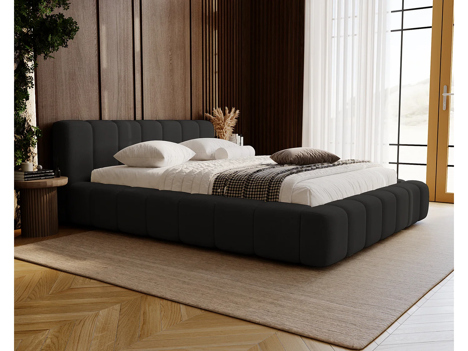 Emporius Bolonia lit adulte 160x200 cm - lit double 160x200 avec rangement, sommier à lattes - Zwart (Komodo 23)