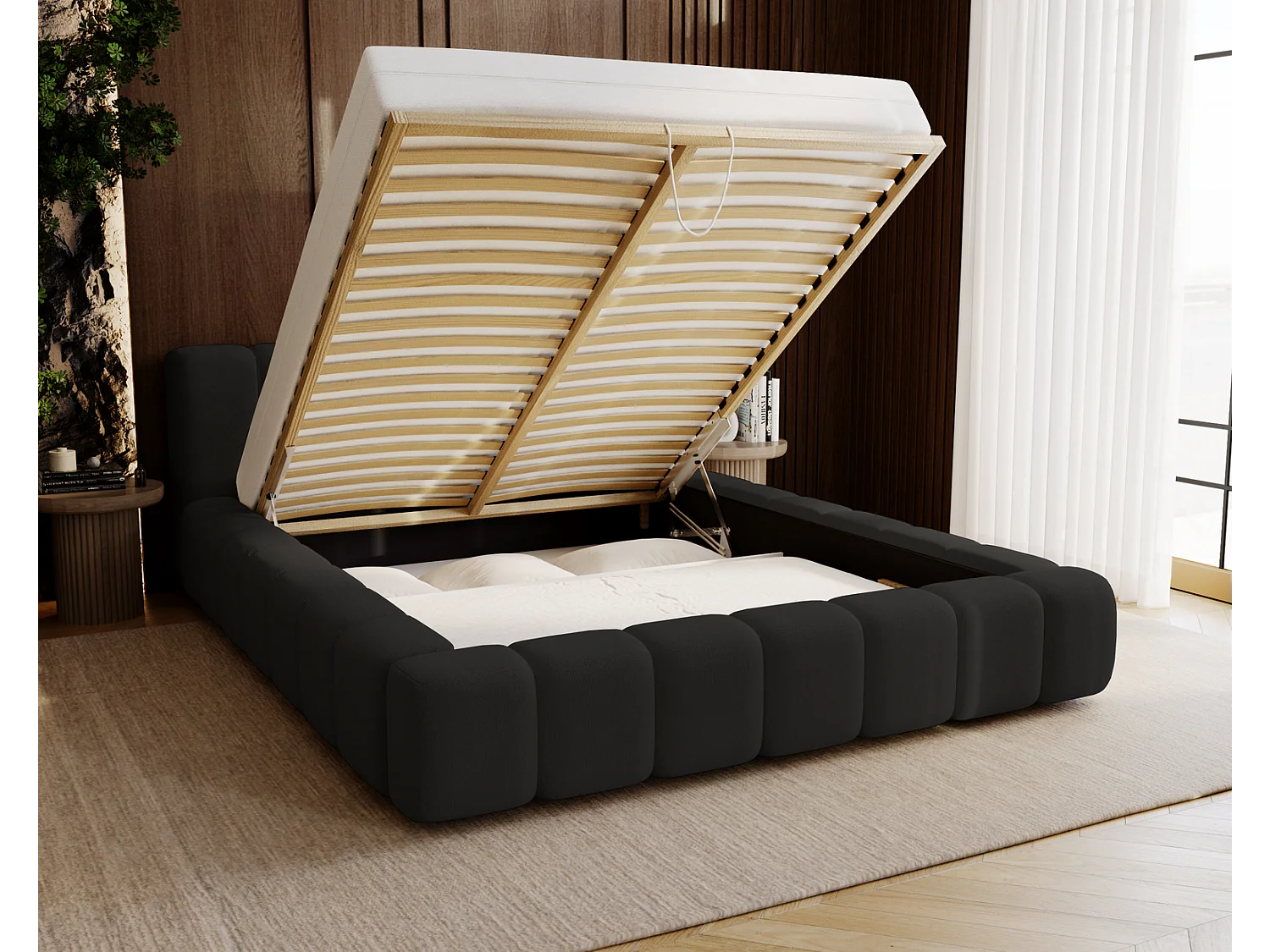 Emporius Bolonia lit adulte 160x200 cm - lit double 160x200 avec rangement, sommier à lattes - Zwart (Komodo 23)