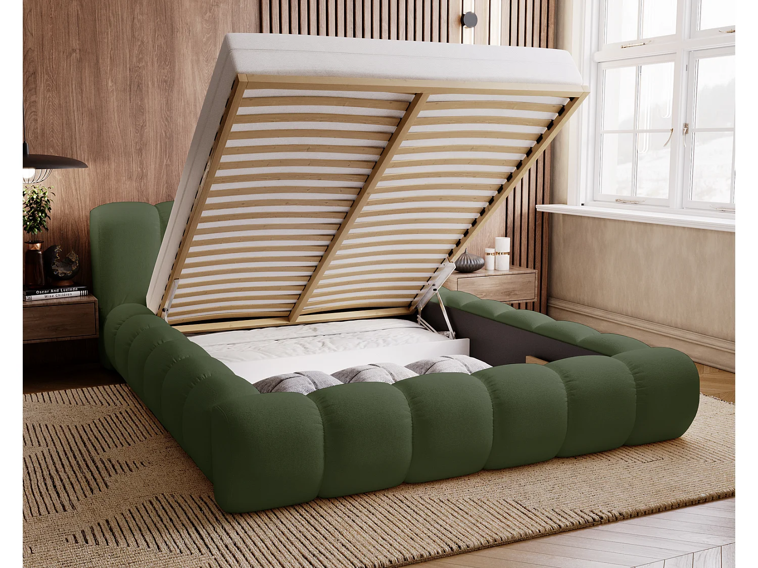 Emporius Cloud bed 140x200 met bedlade - gestoffeerd bed met opbergruimte, fluwelen Groen (Komodo 61)