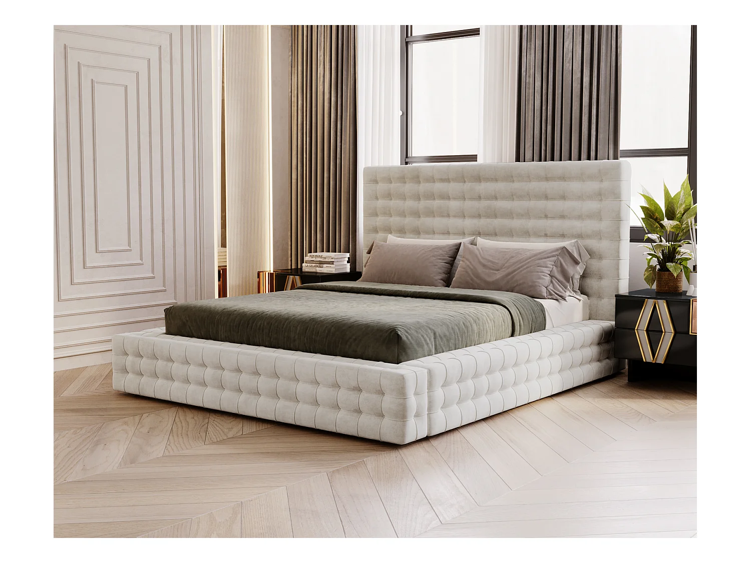 Emporius Arno lit capitonné 160x200 - lit avec rangement, sommier à lattes, lit adulte 160x200 velours Crème (Elegance 1)
