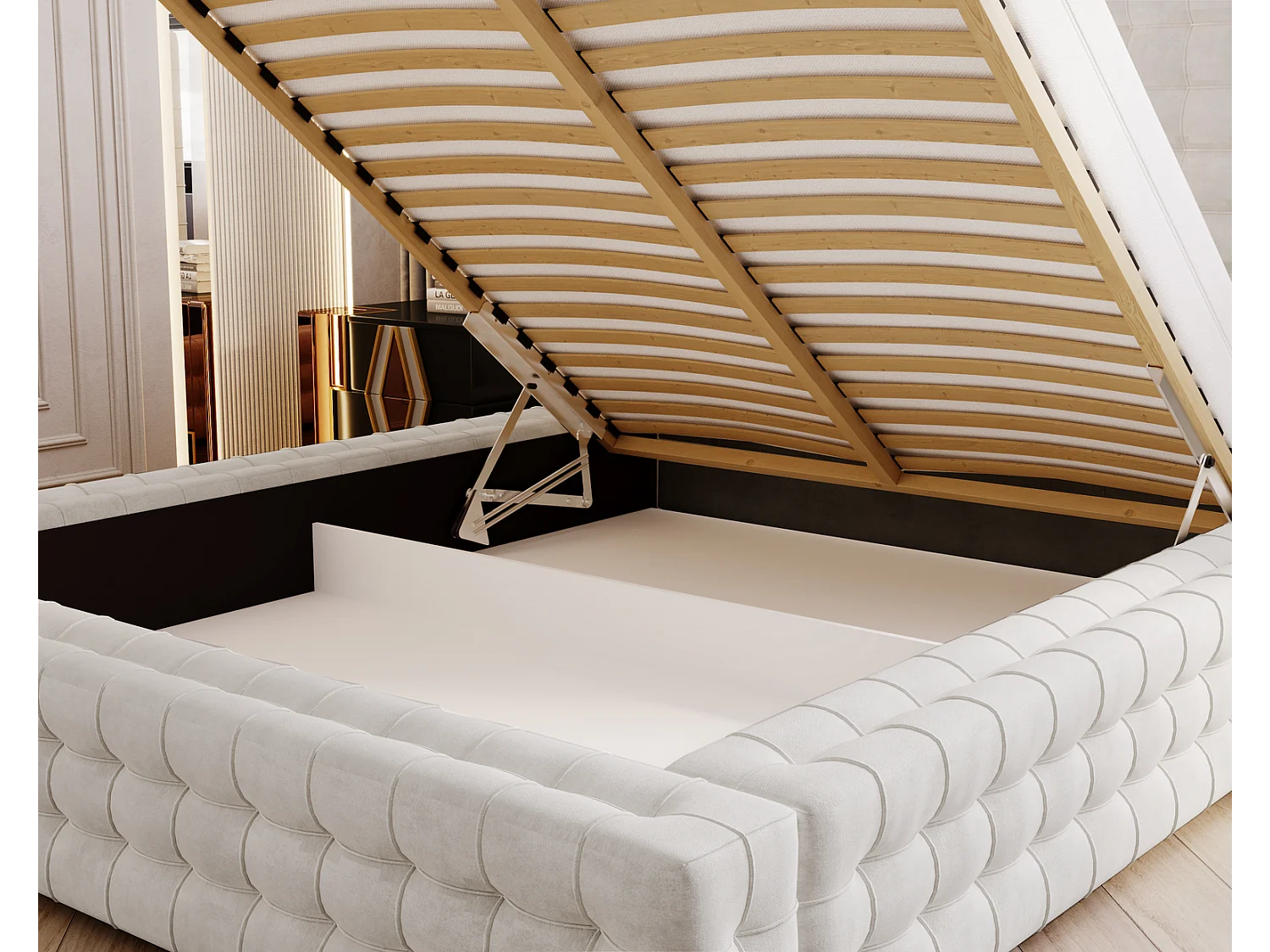 Emporius Arno gestoffeerd bed 160 x 200 cm - bed met opbergruimte en bedlade, fluwelen - bed 160x200 Crème (Elegance 1)