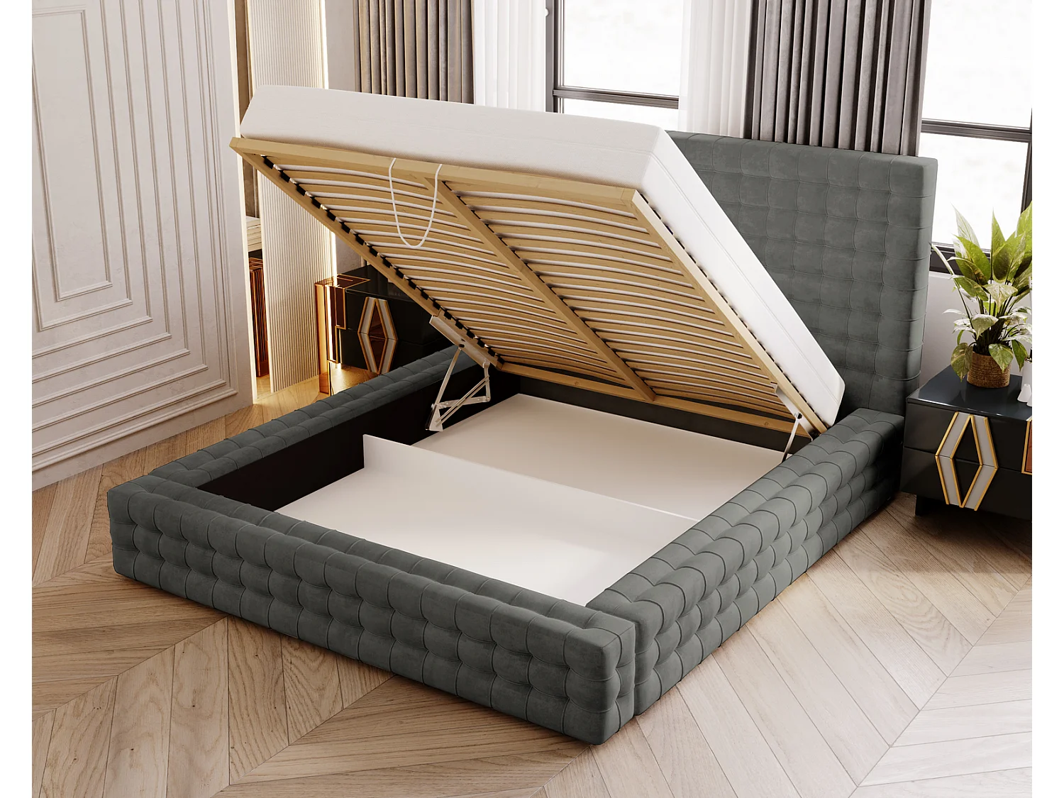 Emporius Arno lit capitonné 180x200 - lit avec rangement, sommier à lattes, lit adulte 180x200 velours Gris foncé (Elegance 18)