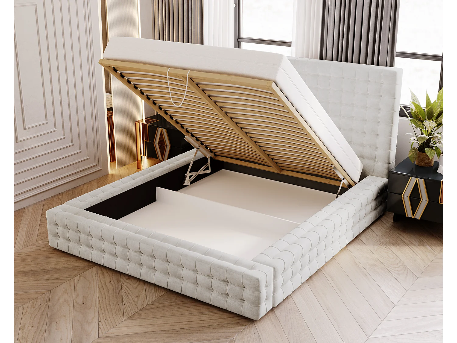 Emporius Arno gestoffeerd bed 180 x 200 cm - bed met opbergruimte en bedlade, fluwelen - bed 180x200 Crème (Elegance 1)