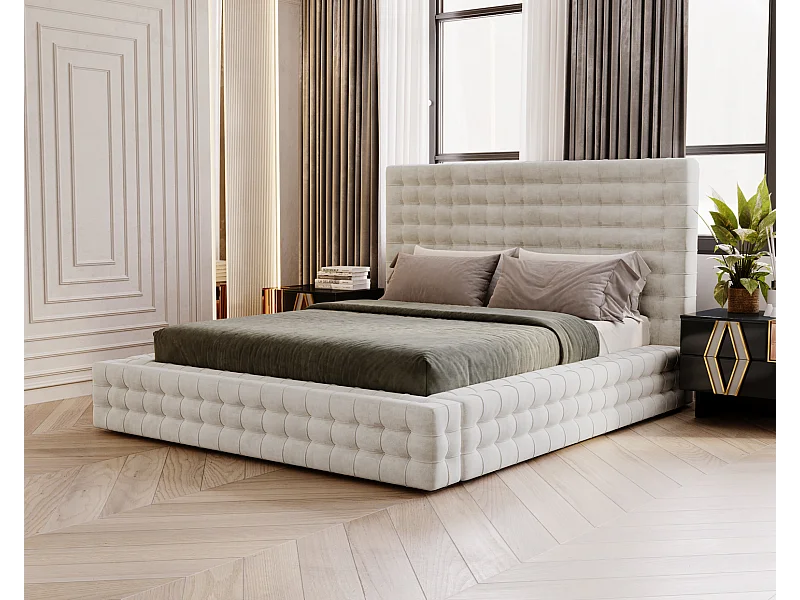 Emporius Arno lit capitonné 180x200 - lit avec rangement, sommier à lattes, lit adulte 180x200 velours Crème (Elegance 1)