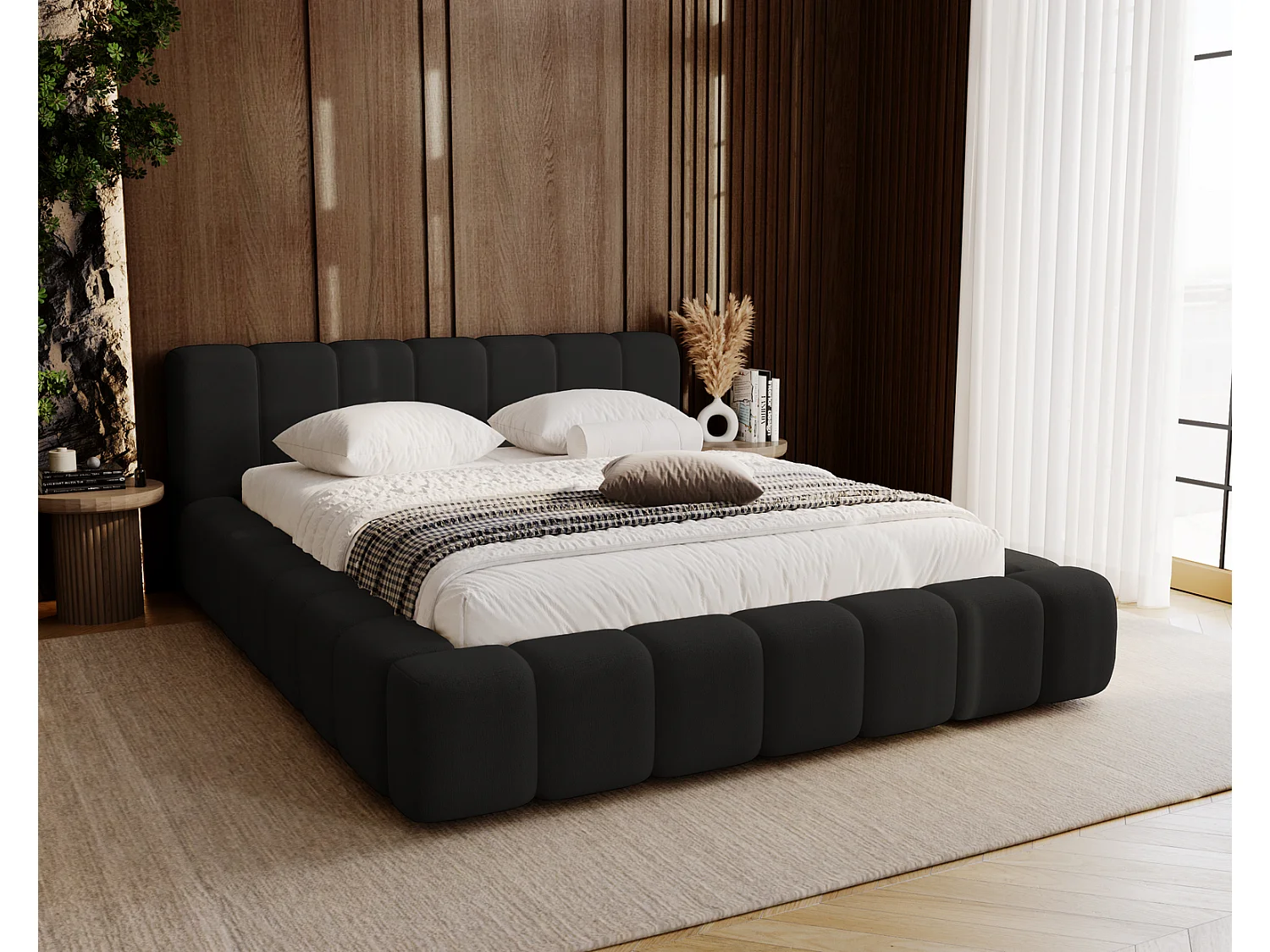 Emporius Bolonia lit adulte 140x200 cm - lit double 140x200 avec rangement, sommier à lattes - Noir (Komodo 23)