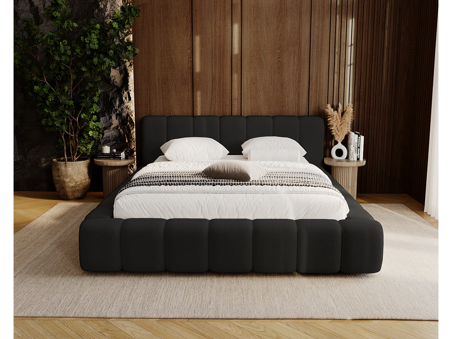 Emporius Bolonia lit adulte 140x200 cm - lit double 140x200 avec rangement, sommier à lattes - Noir (Komodo 23)