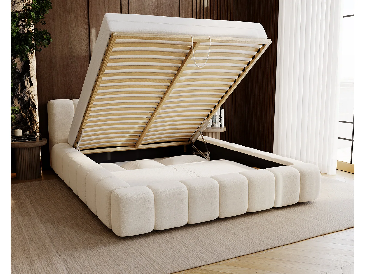 Emporius Bolonia lit adulte 160x200 cm - lit double 160x200 avec rangement, sommier à lattes - Crème (Komodo 10)