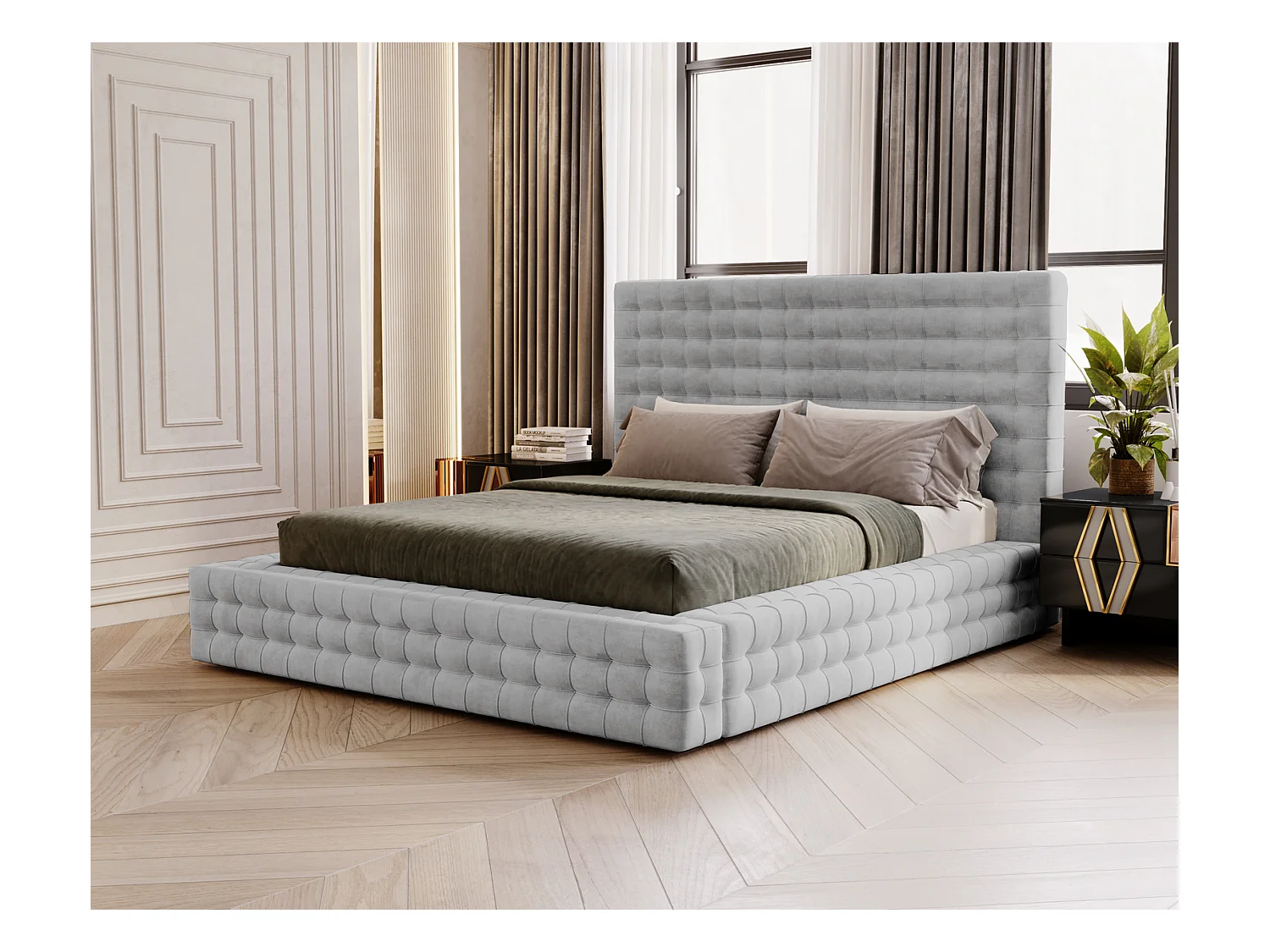 Emporius Arno lit capitonné 160x200 - lit avec rangement, sommier à lattes, lit adulte 160x200 velours Argent (Elegance 13)