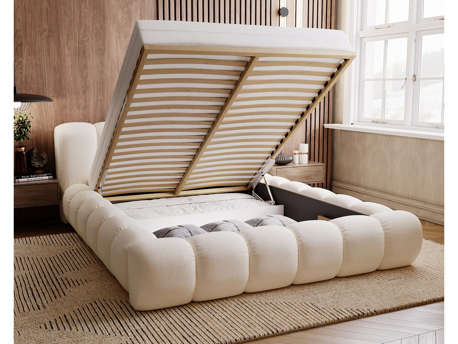 Emporius Cloud bed 160x200 met bedlade - gestoffeerd bed met opbergruimte, fluwelen Crème (Komodo 10)