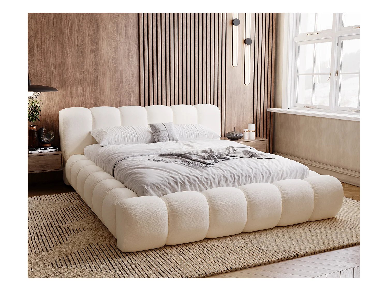 Emporius Cloud lit adulte 160x200 cm - lit capitonné, lit 160x200 avec rangement, velours Crème (Komodo 10)