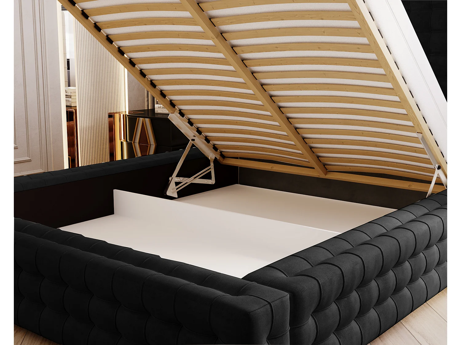 Emporius Arno lit capitonné 140x200 - lit avec rangement, sommier à lattes, lit adulte 140x200 velours Noir (Elegance 21)