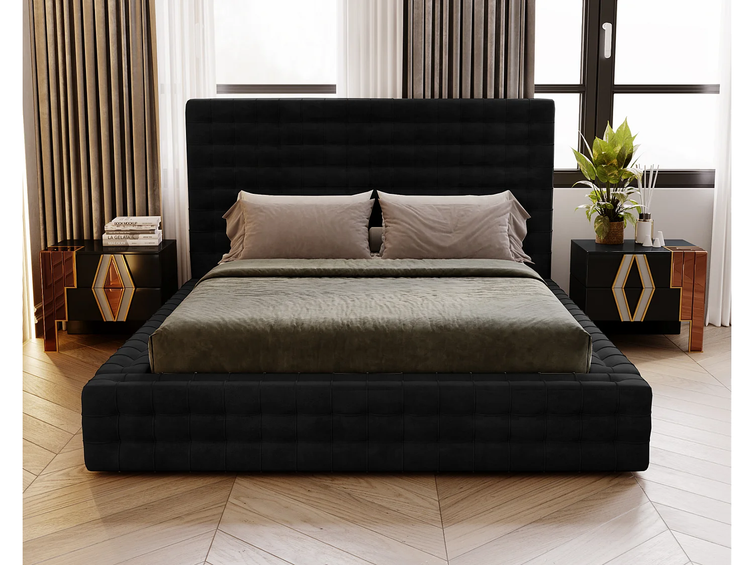 Emporius Arno gestoffeerd bed 140 x 200 cm - bed met opbergruimte en bedlade, fluwelen - bed 140x200 Zwart (Elegance 21)