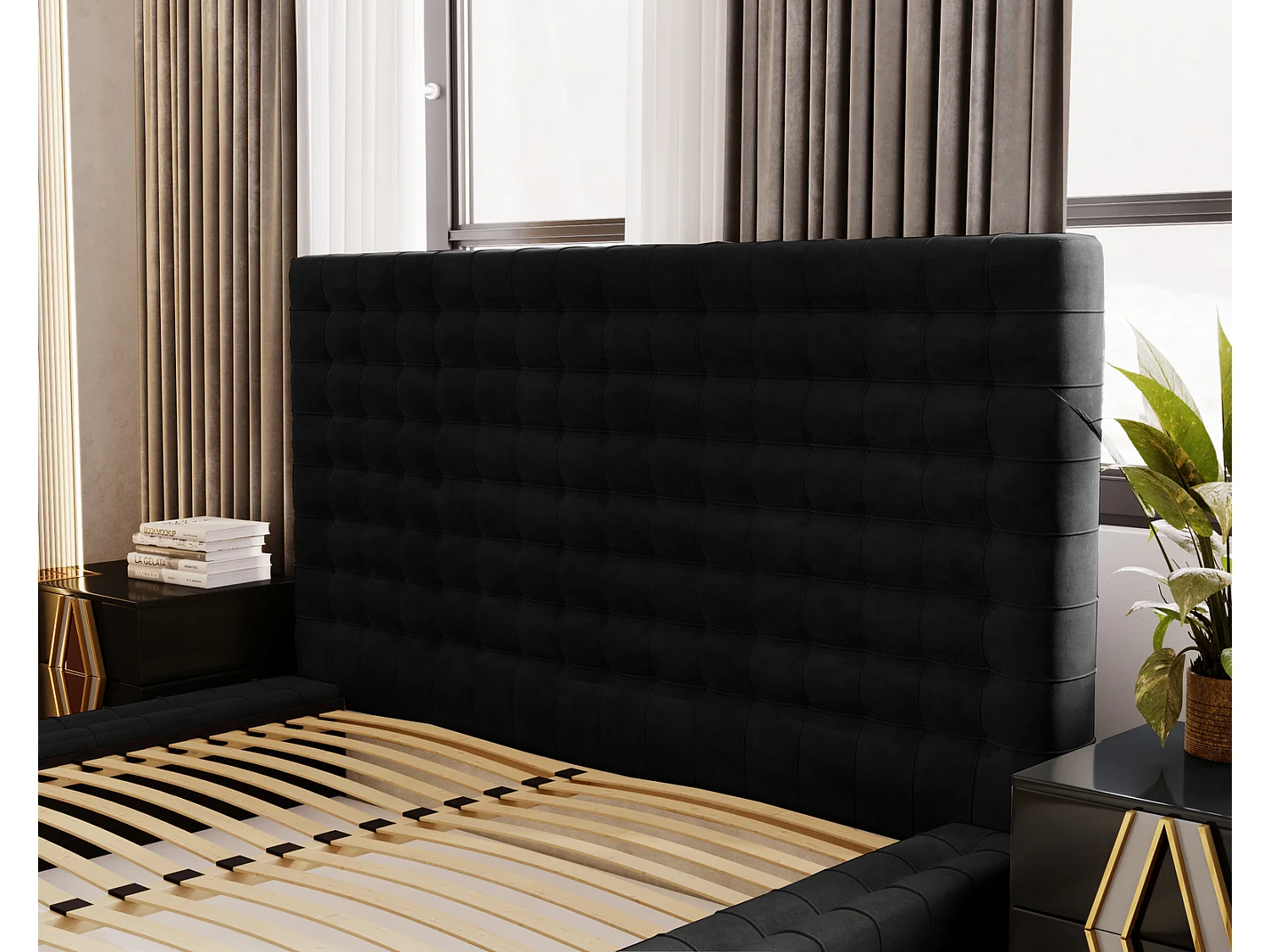 Emporius Arno lit capitonné 140x200 - lit avec rangement, sommier à lattes, lit adulte 140x200 velours Noir (Elegance 21)