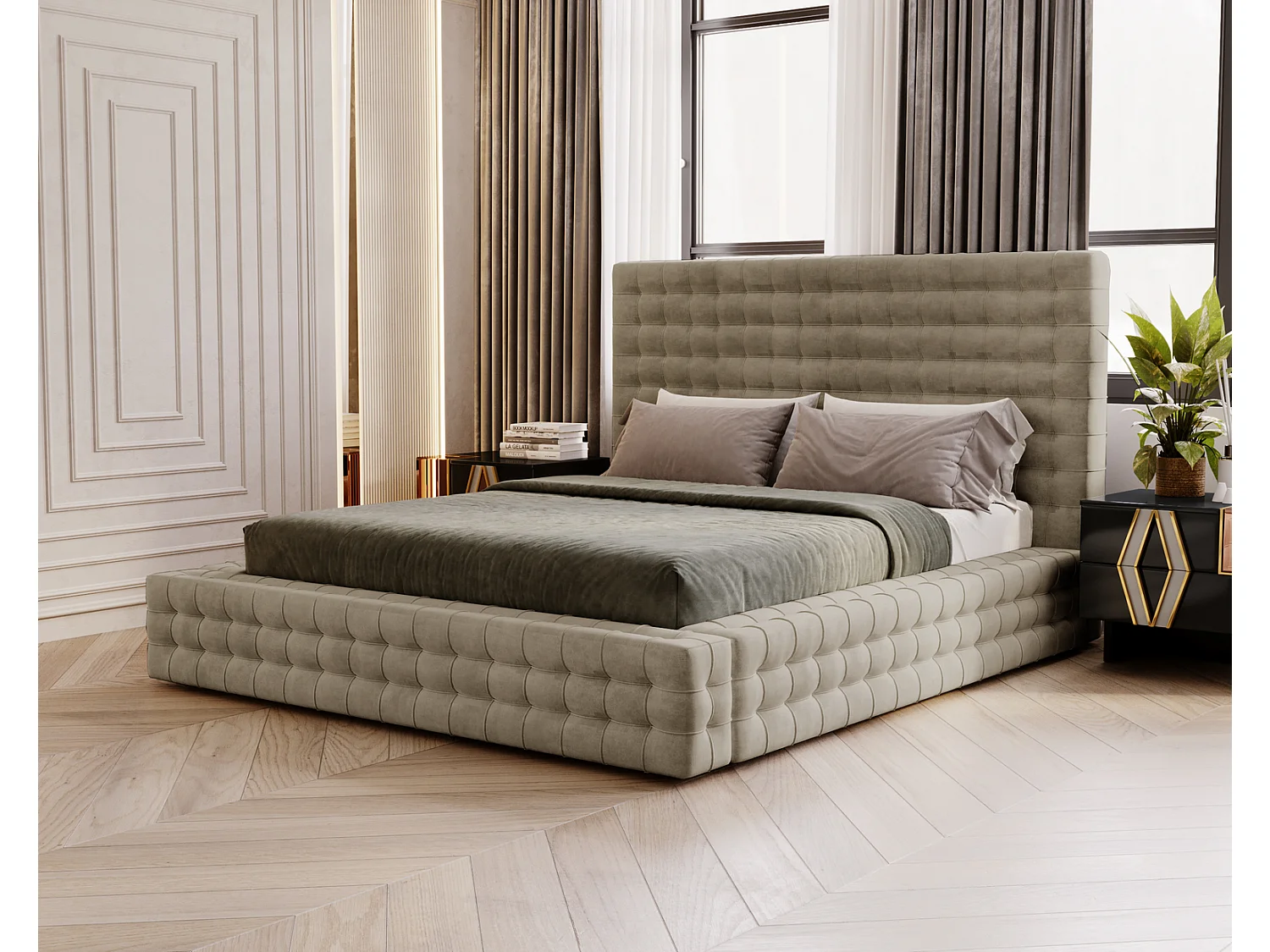 Emporius Arno lit capitonné 160x200 - lit avec rangement, sommier à lattes, lit adulte 160x200 velours Brun (Elegance 5)