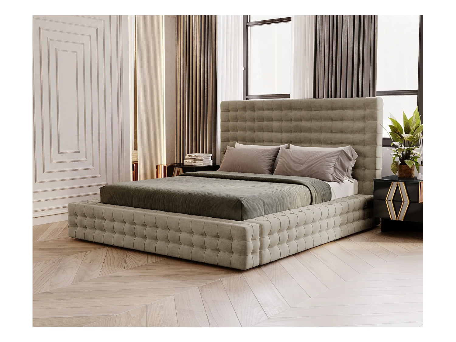 Emporius Arno lit capitonné 160x200 - lit avec rangement, sommier à lattes, lit adulte 160x200 velours Brun (Elegance 5)