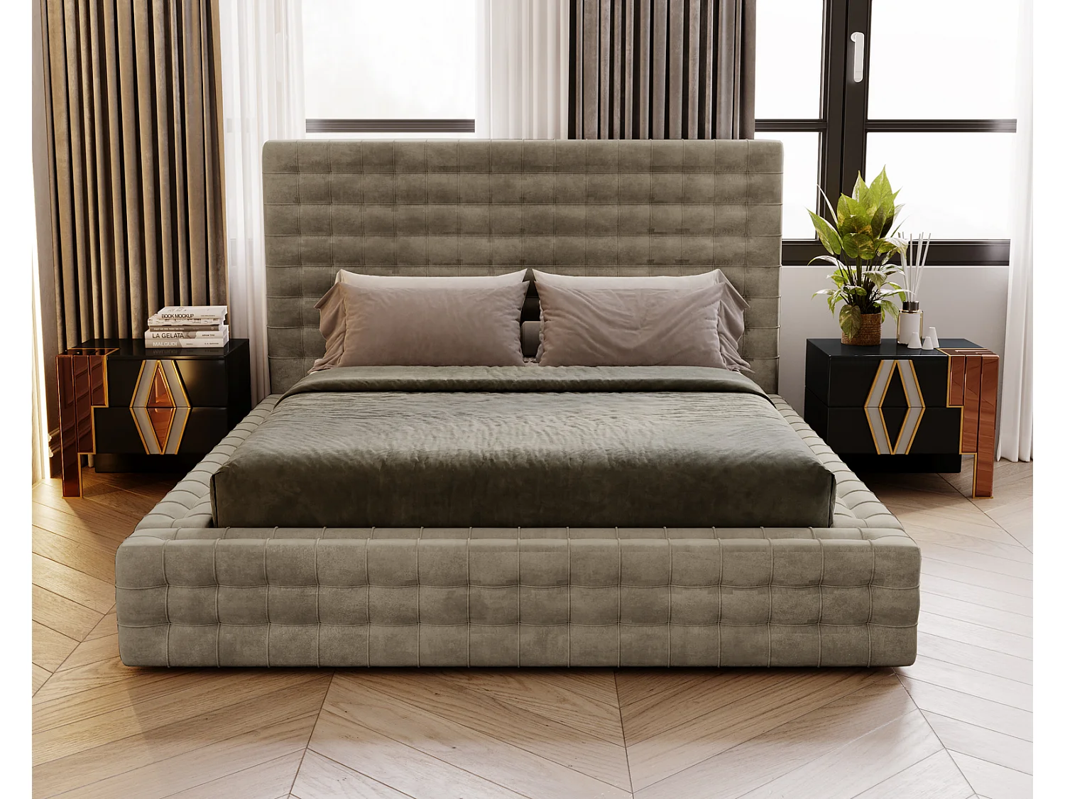 Emporius Arno lit capitonné 160x200 - lit avec rangement, sommier à lattes, lit adulte 160x200 velours Brun (Elegance 5)