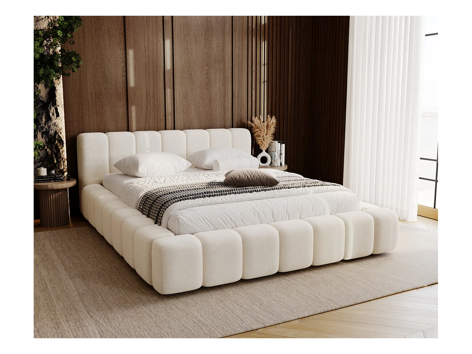 Emporius Bolonia lit adulte 140x200 cm - lit double 140x200 avec rangement, sommier à lattes - Crème (Komodo 10)