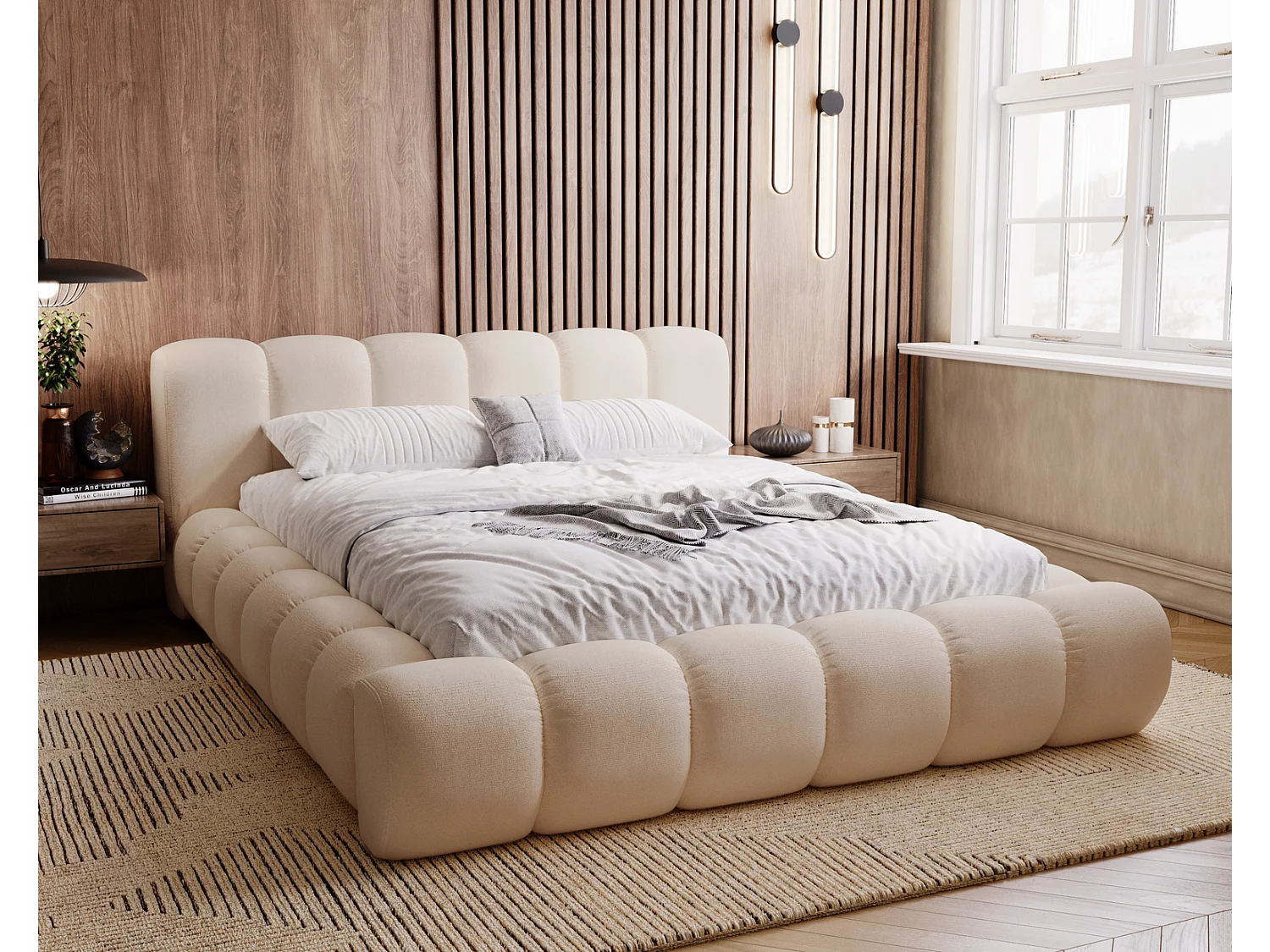 Emporius Cloud bed 160x200 met bedlade - gestoffeerd bed met opbergruimte, fluwelen Beige (Komodo 11)
