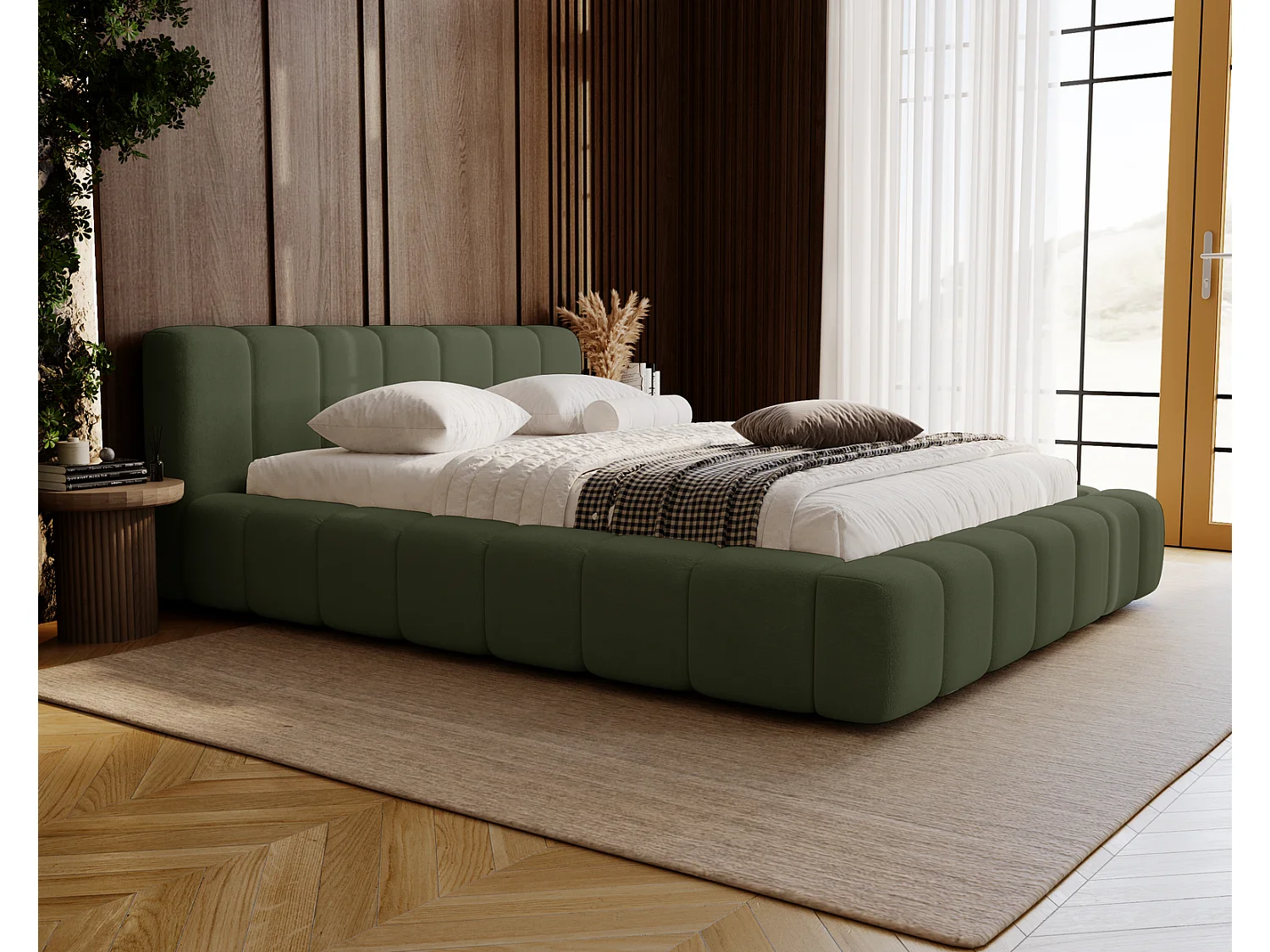Emporius Bolonia lit adulte 140x200 cm - lit double 140x200 avec rangement, sommier à lattes - Vert (Komodo 61)