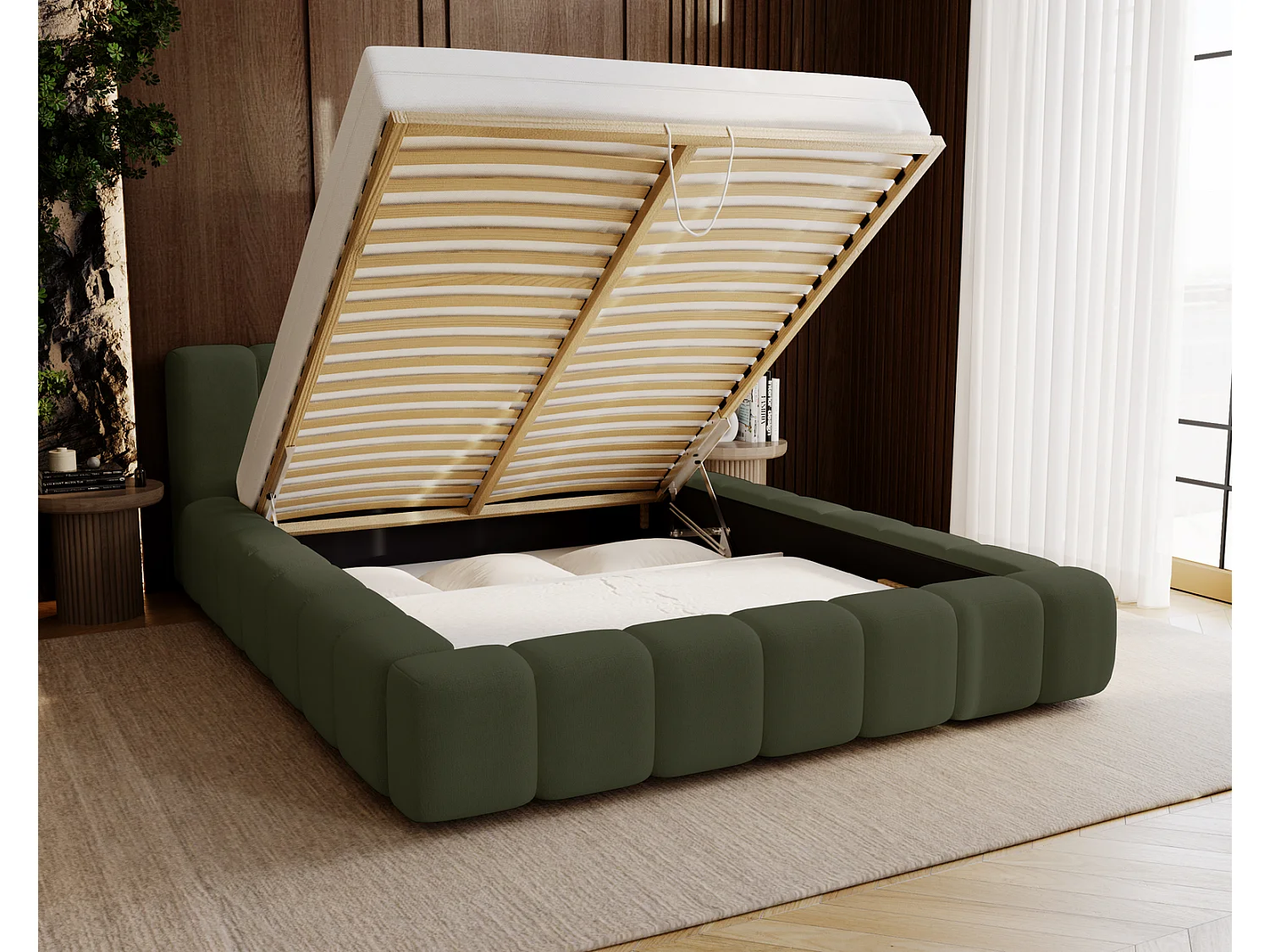 Emporius Bolonia lit adulte 140x200 cm - lit double 140x200 avec rangement, sommier à lattes - Vert (Komodo 61)