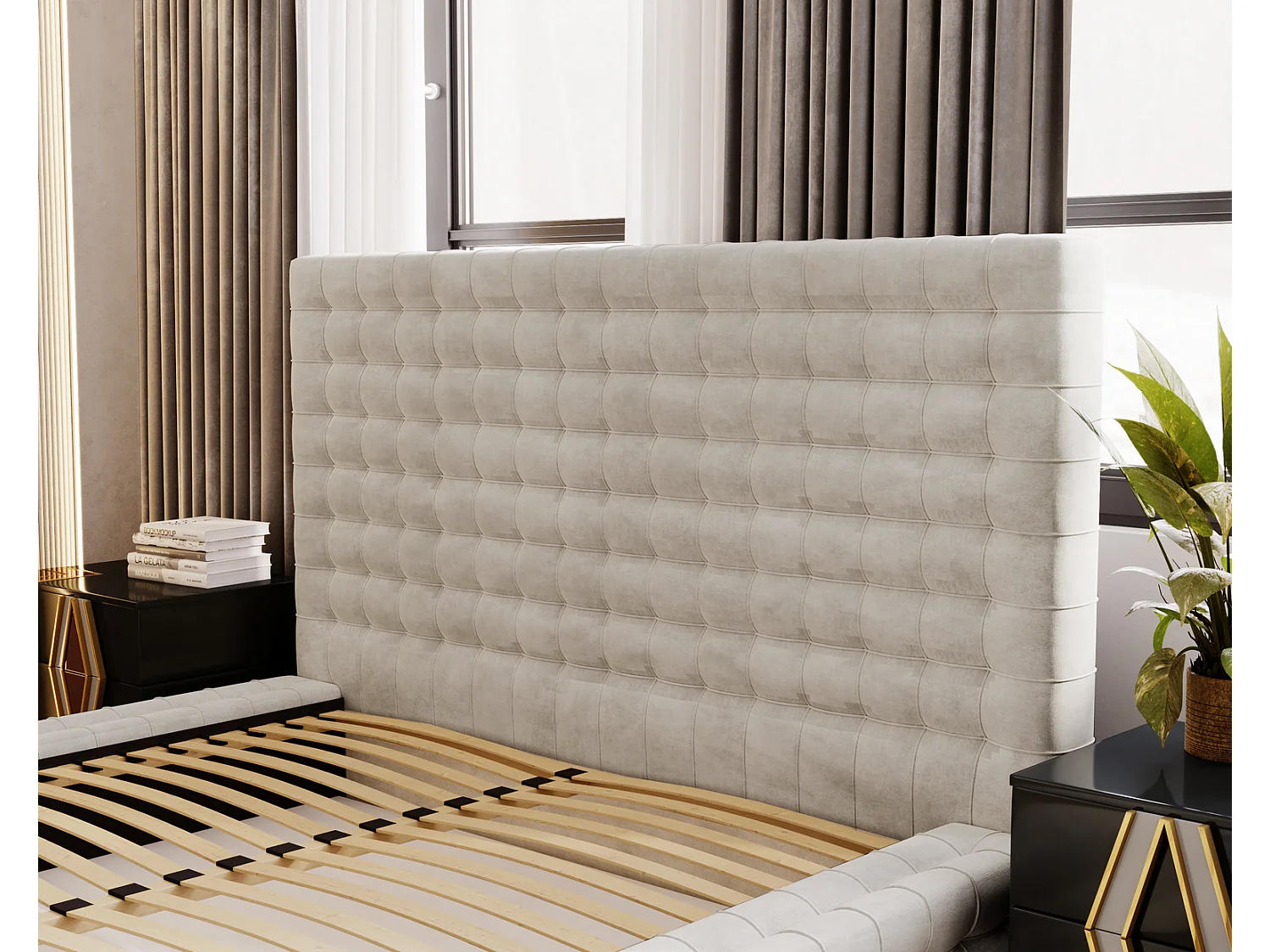 Emporius Arno lit capitonné 140x200 - lit avec rangement, sommier à lattes, lit adulte 140x200 velours Crème (Elegance 1)