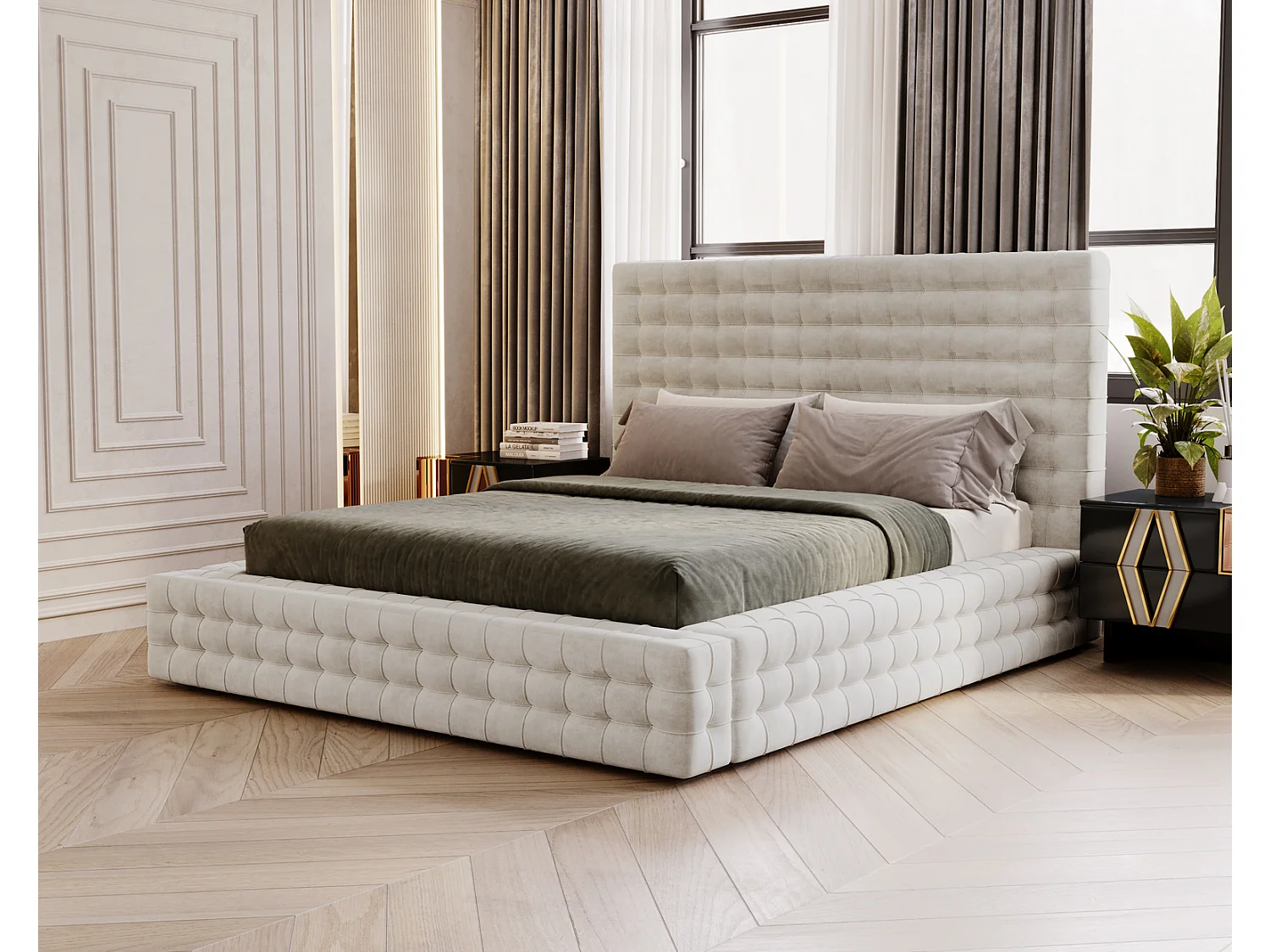 Emporius Arno lit capitonné 140x200 - lit avec rangement, sommier à lattes, lit adulte 140x200 velours Crème (Elegance 1)