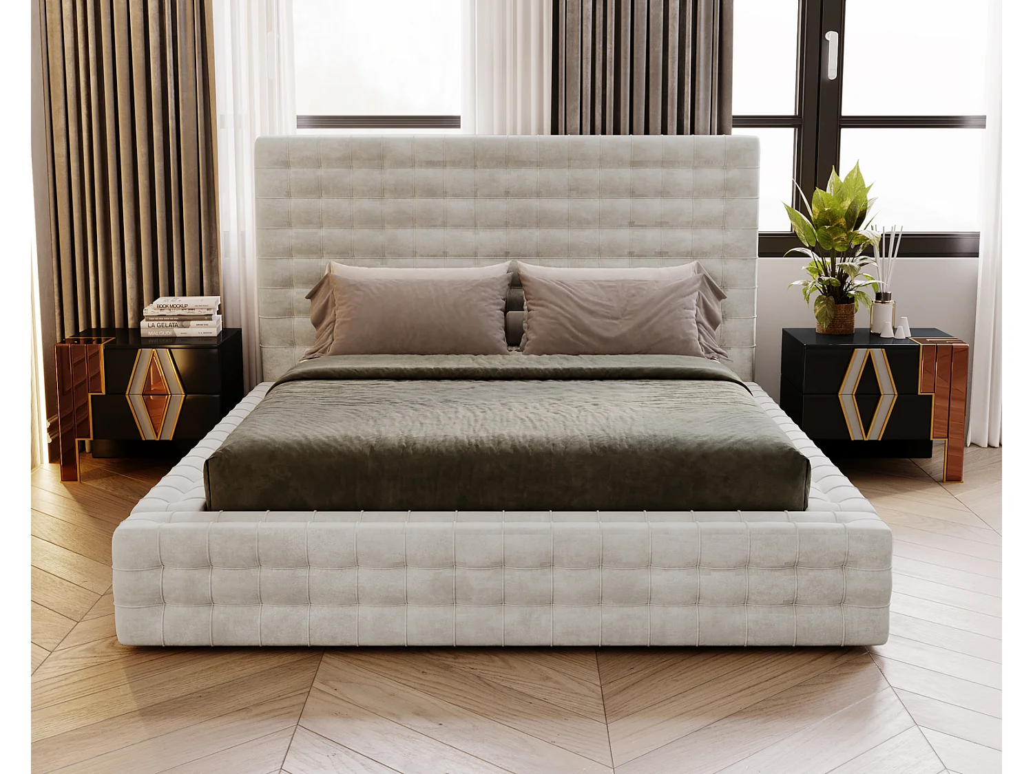 Emporius Arno lit capitonné 140x200 - lit avec rangement, sommier à lattes, lit adulte 140x200 velours Crème (Elegance 1)
