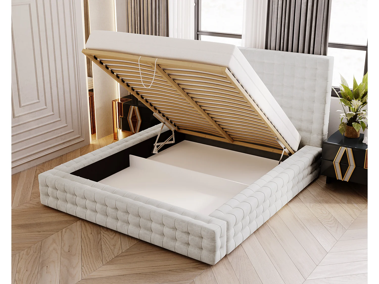 Emporius Arno lit capitonné 140x200 - lit avec rangement, sommier à lattes, lit adulte 140x200 velours Crème (Elegance 1)