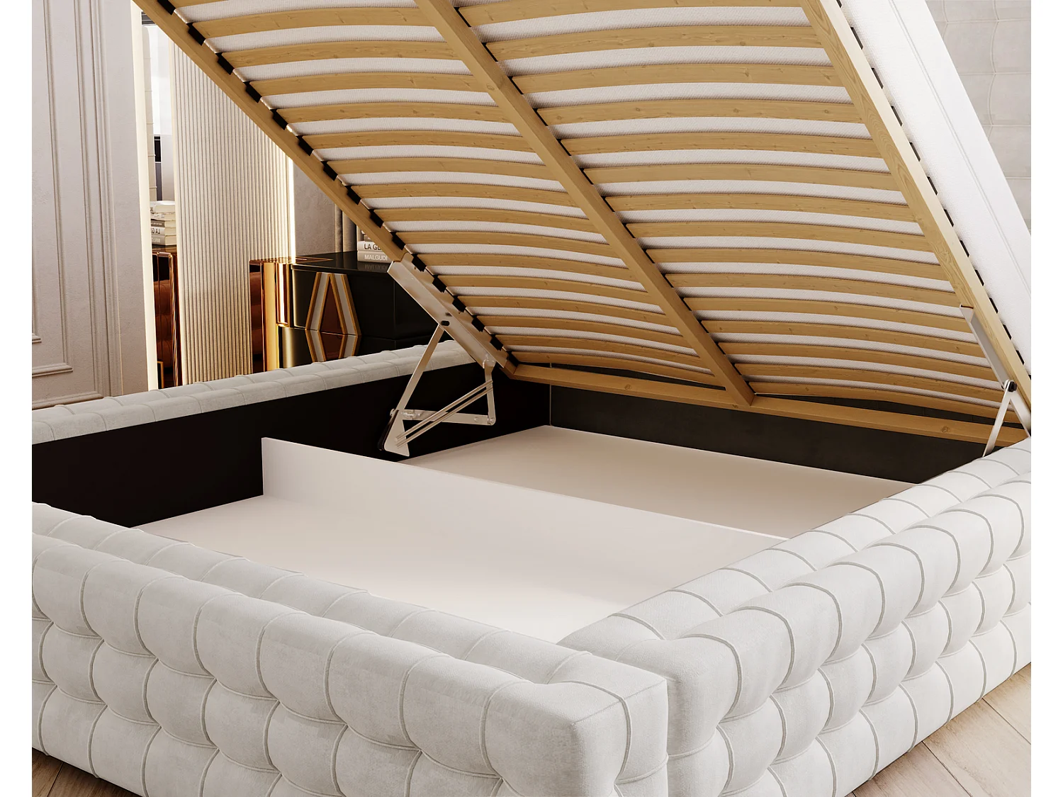 Emporius Arno lit capitonné 140x200 - lit avec rangement, sommier à lattes, lit adulte 140x200 velours Crème (Elegance 1)