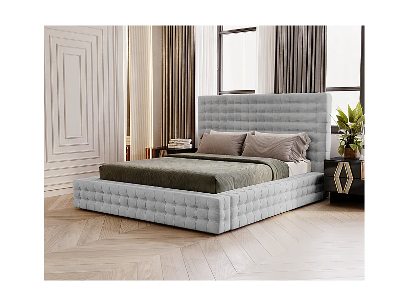 Emporius Arno lit capitonné 140x200 - lit avec rangement, sommier à lattes, lit adulte 140x200 velours Argent (Elegance 13)