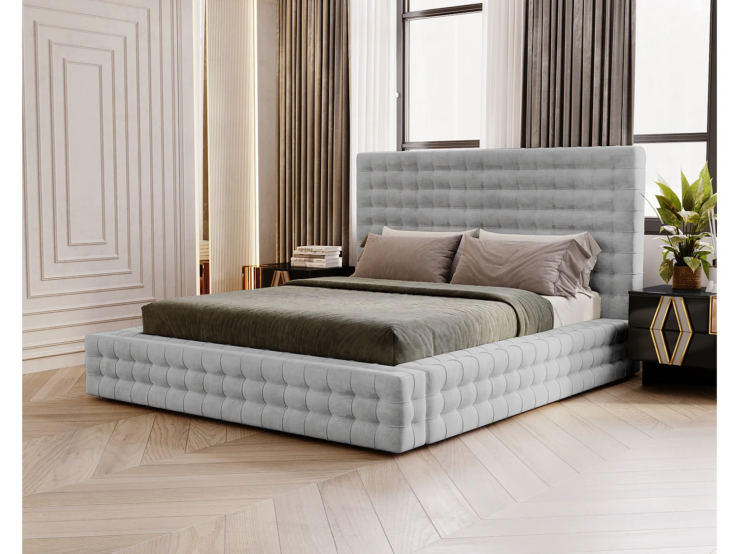 Emporius Arno lit capitonné 140x200 - lit avec rangement, sommier à lattes, lit adulte 140x200 velours Argent (Elegance 13)