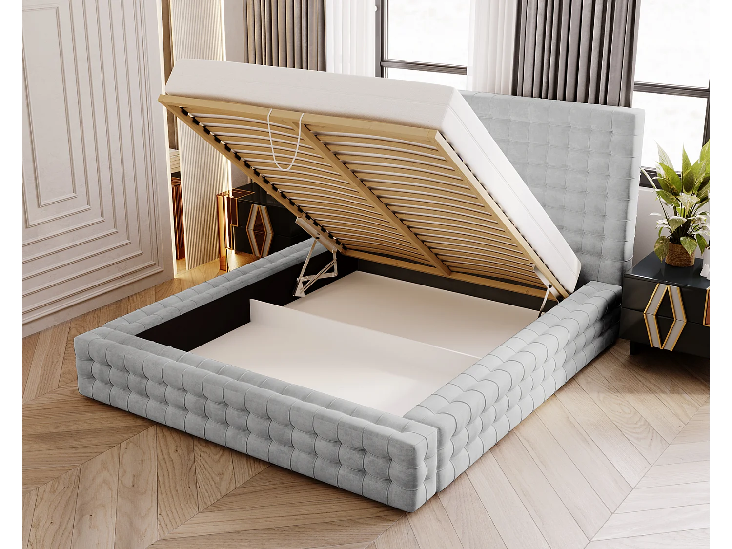 Emporius Arno gestoffeerd bed 140 x 200 cm - bed met opbergruimte en bedlade, fluwelen - bed 140x200 Zilver (Elegance 13)