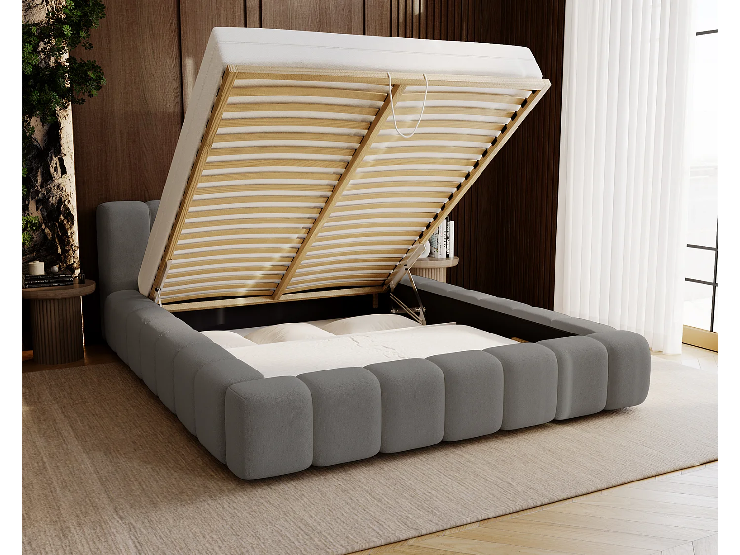 Emporius Bolonia gestoffeerd bed 140 x 200 - bed 140x200 cm, bed met opbergruimte en bedlade - Grijs (Komodo 21)
