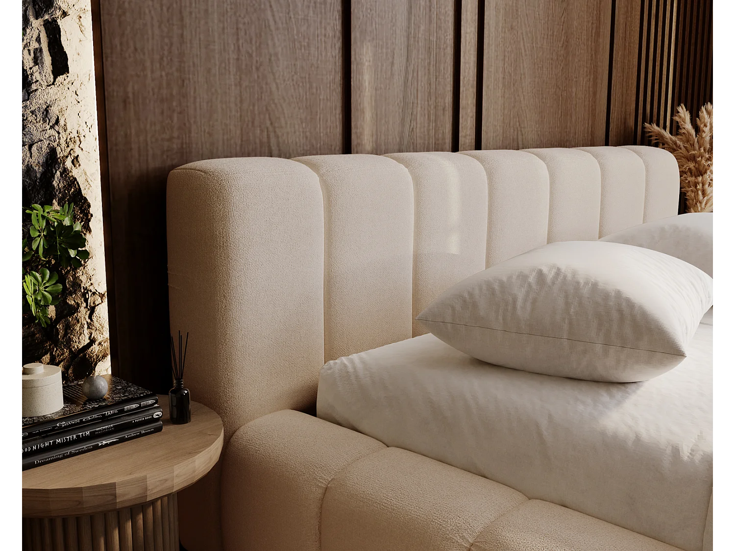 Emporius Bolonia łóżko tapicerowane 140x200 cm - łóżko podwójne 140x200 - pojemnik, stelaż, gruba pianka, tkanina welurowa, beżowy (Komodo 11)