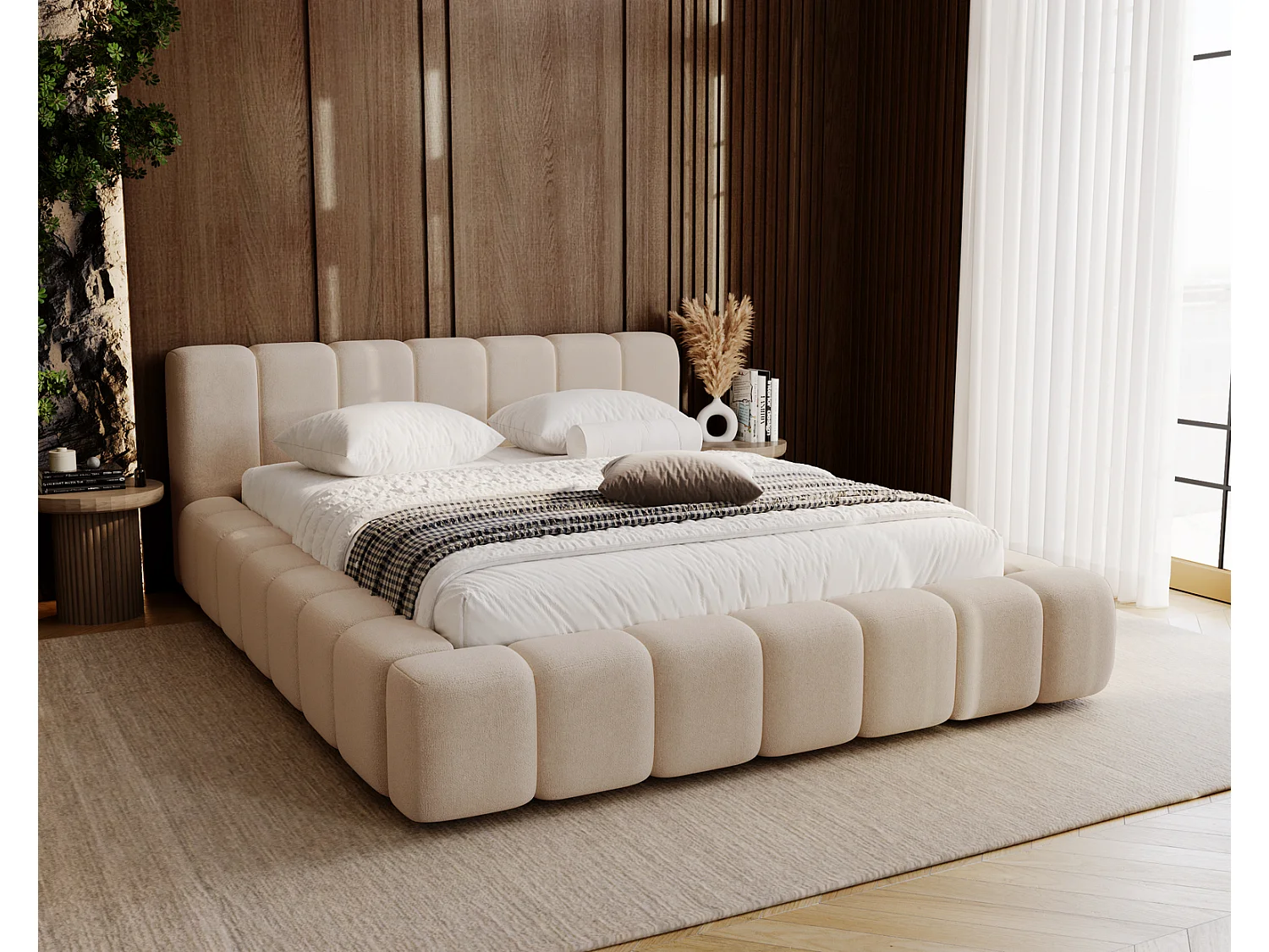 Emporius Bolonia lit adulte 140x200 cm - lit double 140x200 avec rangement, sommier à lattes - Beige (Komodo 11)