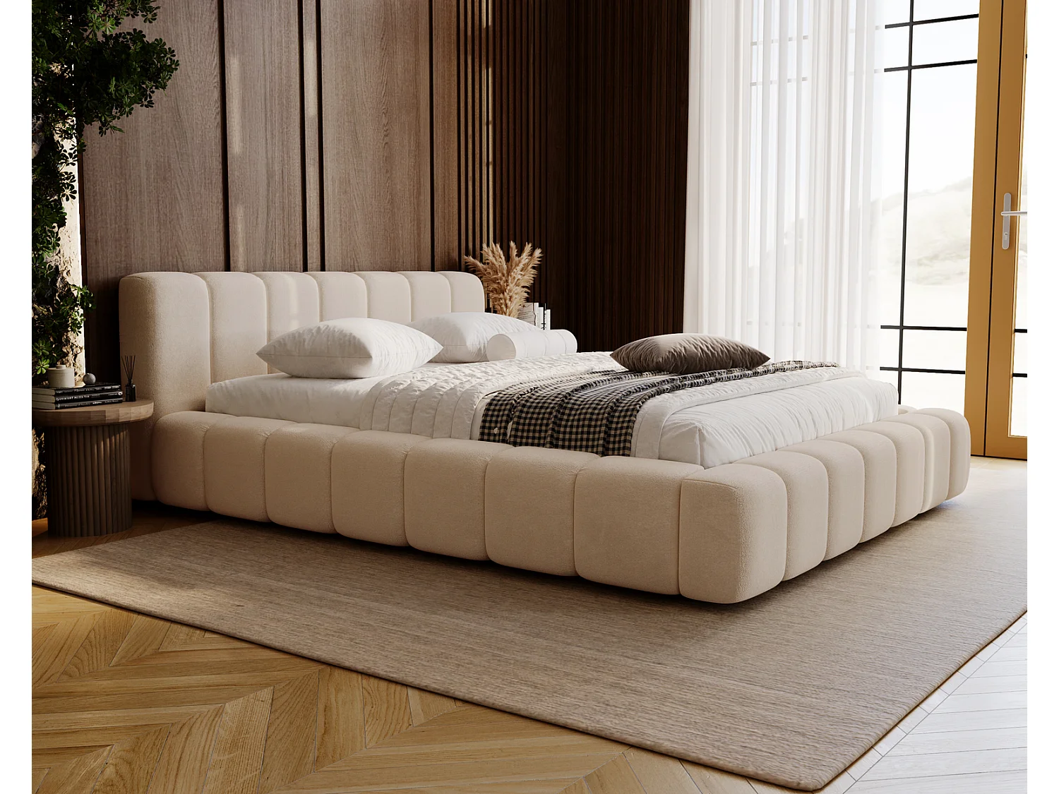 Emporius Bolonia lit adulte 140x200 cm - lit double 140x200 avec rangement, sommier à lattes - Beige (Komodo 11)