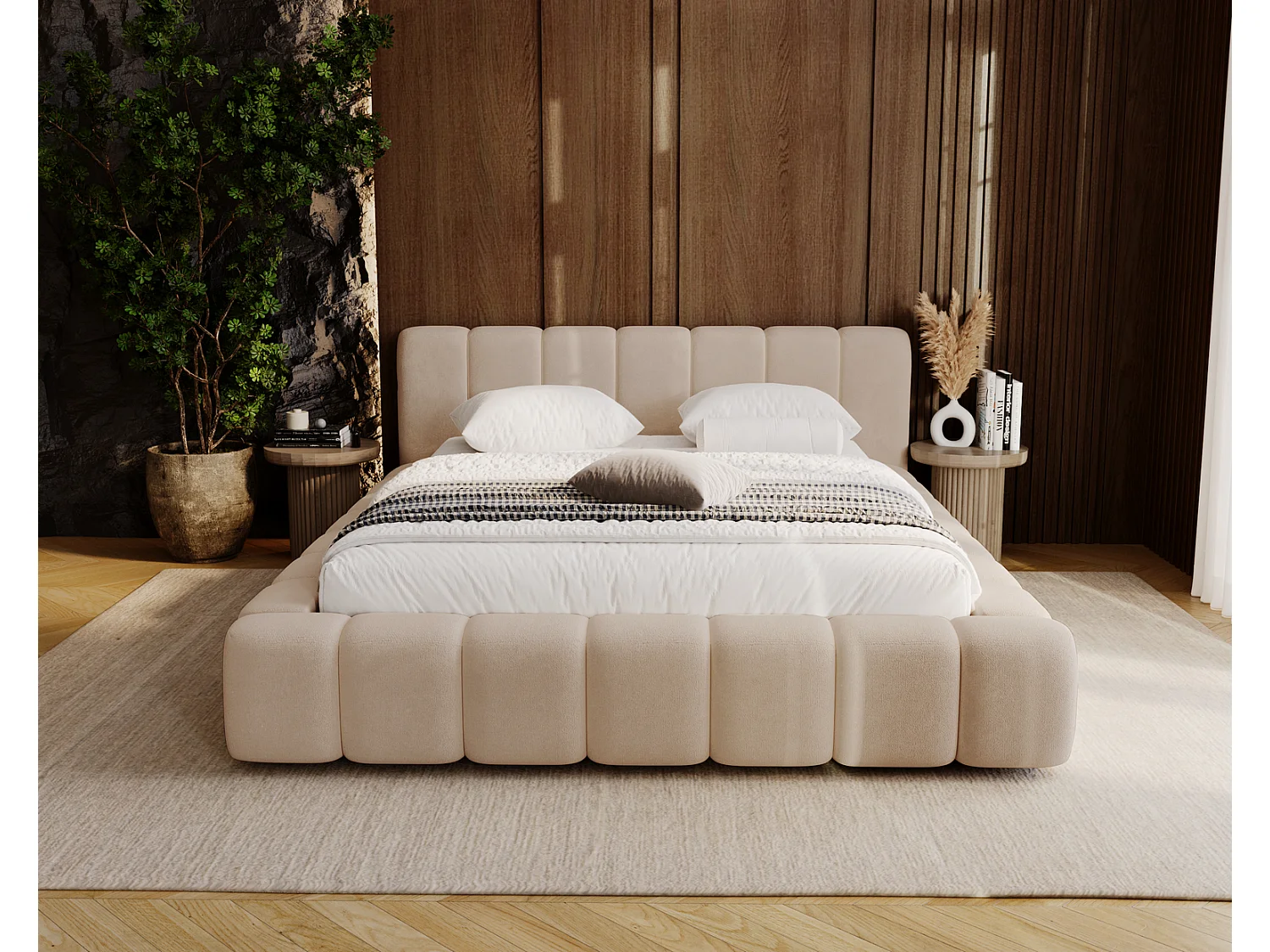 Emporius Bolonia lit adulte 140x200 cm - lit double 140x200 avec rangement, sommier à lattes - Beige (Komodo 11)