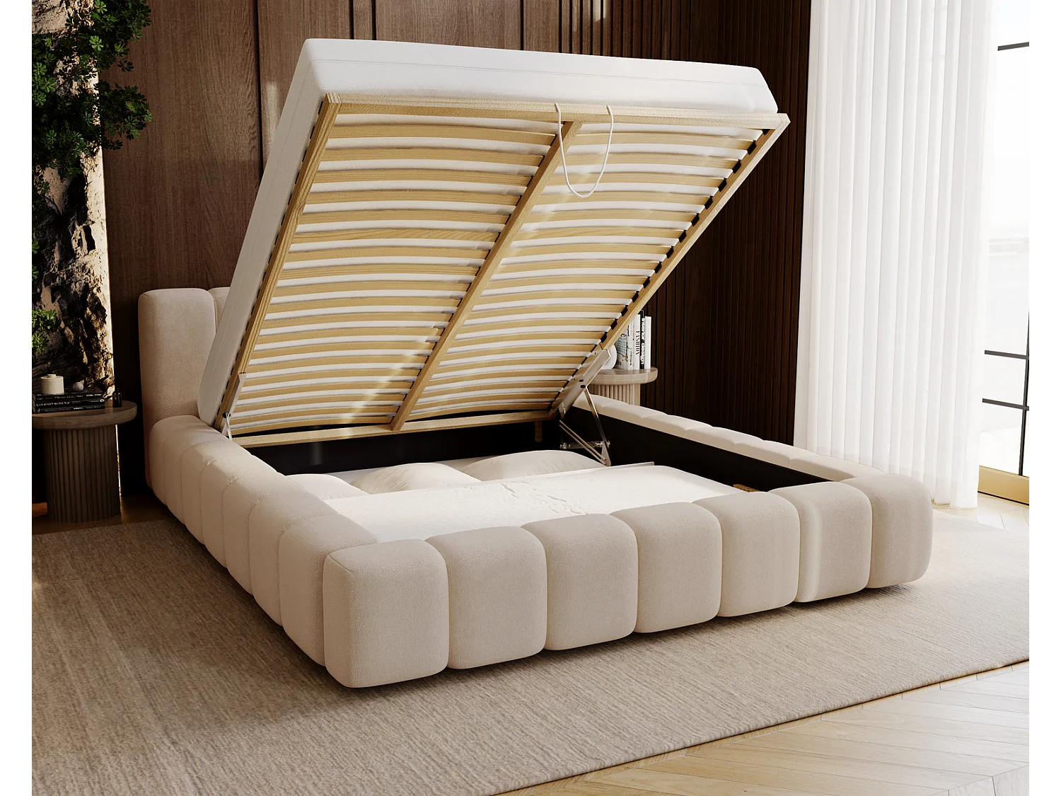 Emporius Bolonia lit adulte 140x200 cm - lit double 140x200 avec rangement, sommier à lattes - Beige (Komodo 11)