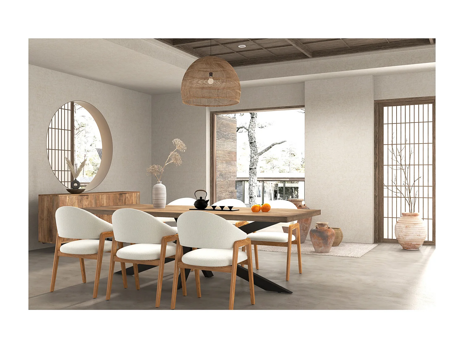 WOOL-Chaise en Frêne naturel et Tissu Curly Ecru (x2)