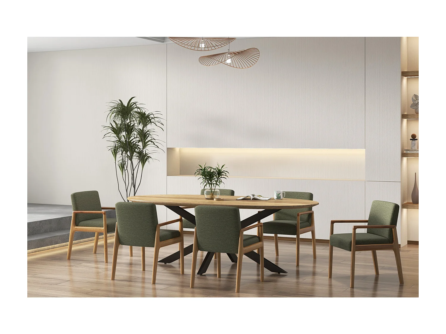 ALBAN-Fauteuil de table en Frêne naturel et tissu Trendy Sauge (x2)