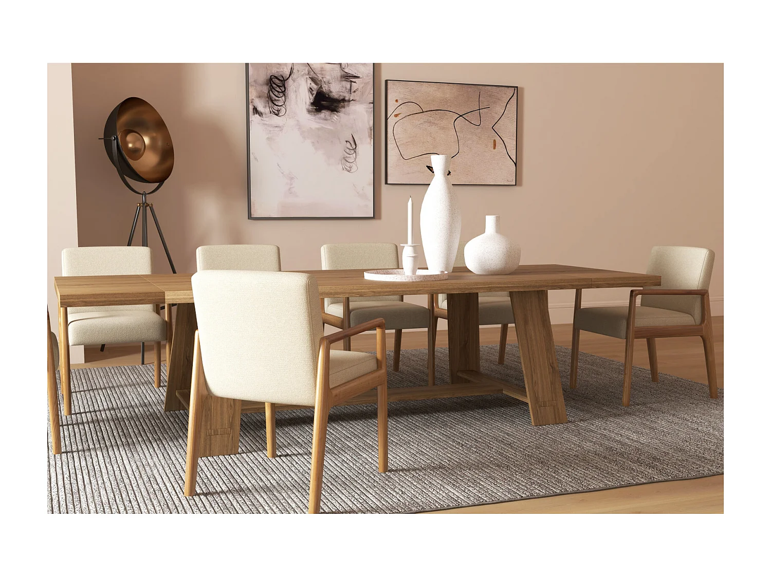 ALBAN-Fauteuil de table en Frêne naturel et tissu Trendy Ecru (x2)