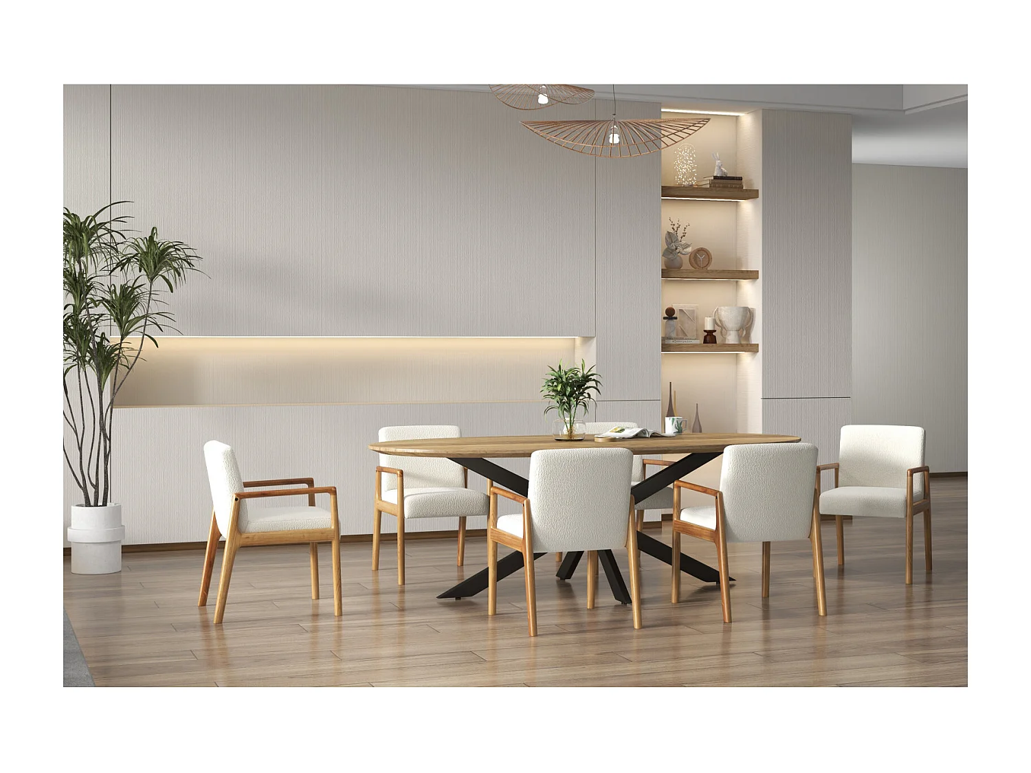 ALBAN-Fauteuil de table en Frêne naturel et tissu Curly Ecru (x2)