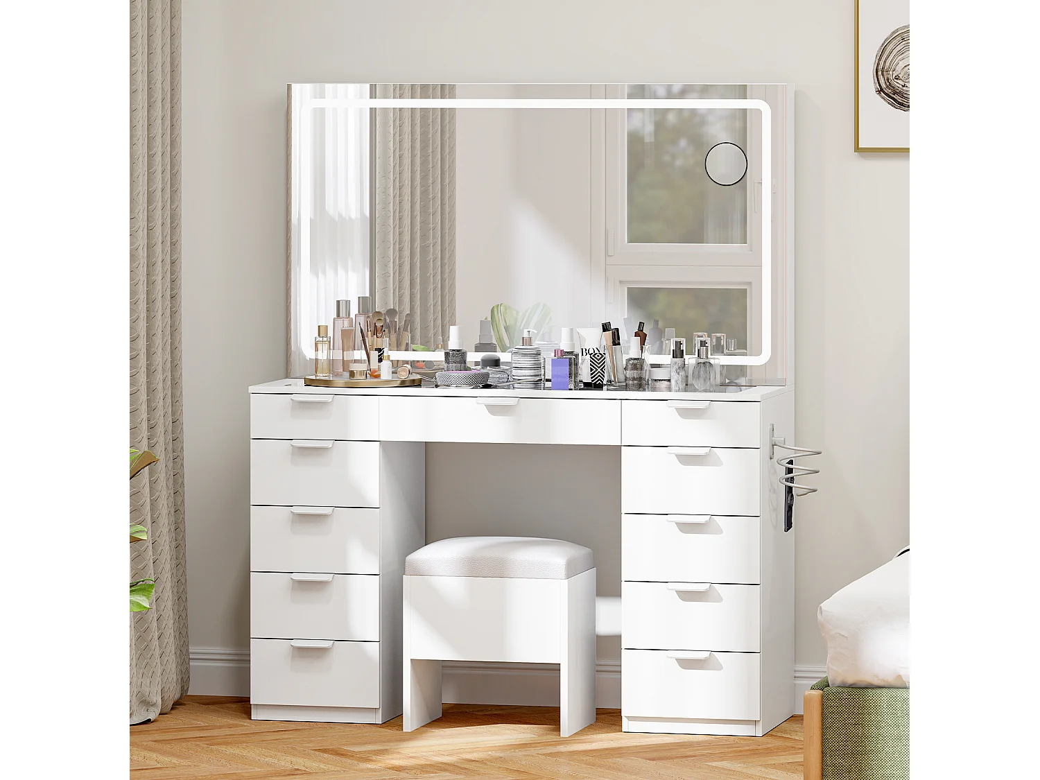 Coiffeuse Avec Miroir LED Et 11 Tiroirs - Plateau En Verre, Prises USB, Tabouret Inclus, Blanc